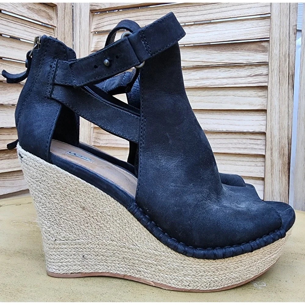 UGG Jolina US 8 Black Leather Espadrille Platform Wedge Sandals Quiet Luxury